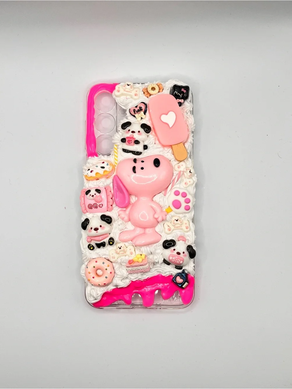 Cute Pink Snoopy Decorated Phone Case with Desserts Charms